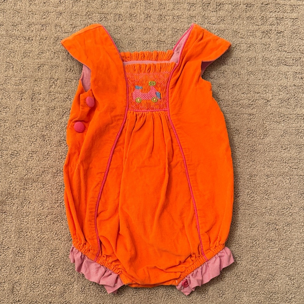 Beaux et Belles Orange Cord Smocked Scooter Bubble Size 6M